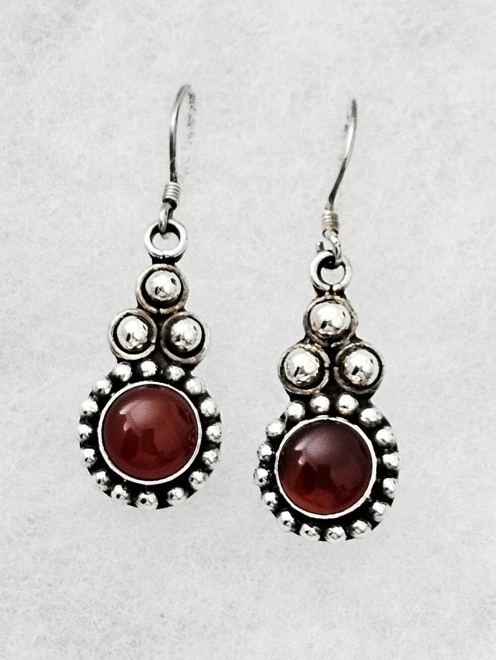 Artisan Sterling Silver Cabochon Garnet Gem & Caviar Beaded French Wire Earrings